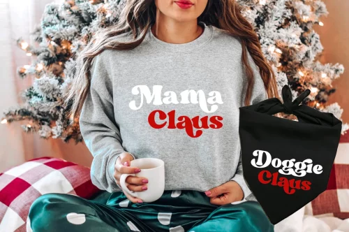 Mama Claus Crewneck Sweatshirt & Doggie Claus Bandana Set