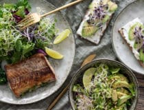 Grilled salmon fillet and fresh vegetable salad Mediterranean diet