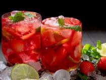 Fresh made strawberry on dark background Summer drinks concept