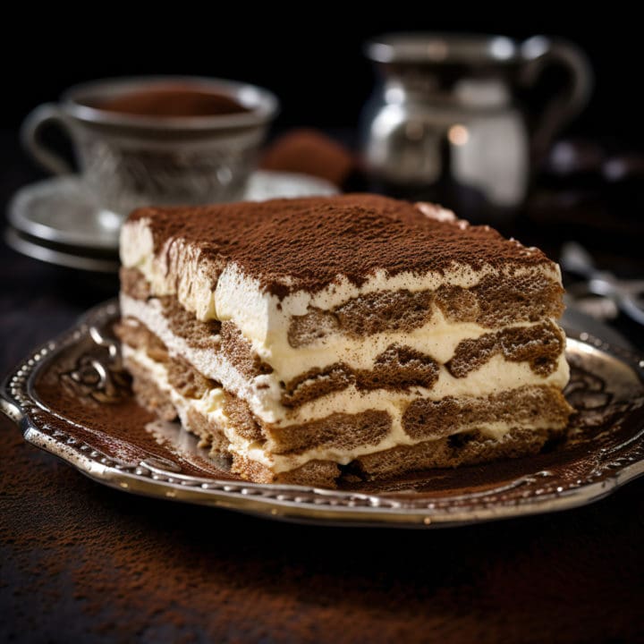 tiramisu on a brown plate in a cafe a piece of cake