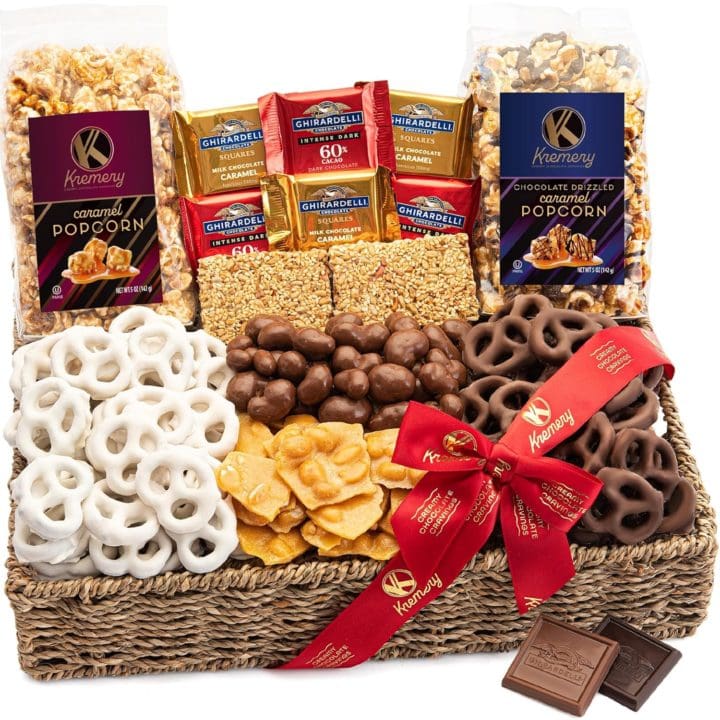 Small Gifts for Dinner Party Guests Kremery Valentines Day Milk Chocolate Covered Pretzels Gift Basket in Reusable Seagrass Tray + Ribbon (Large LB) Caramel Popcorn Peanut Brittle Cashew