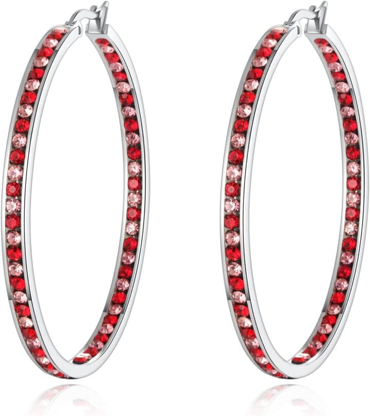 Valentines Gifts for Teens Red & Pink Crystal Stainless Steel Hoop Earrings
