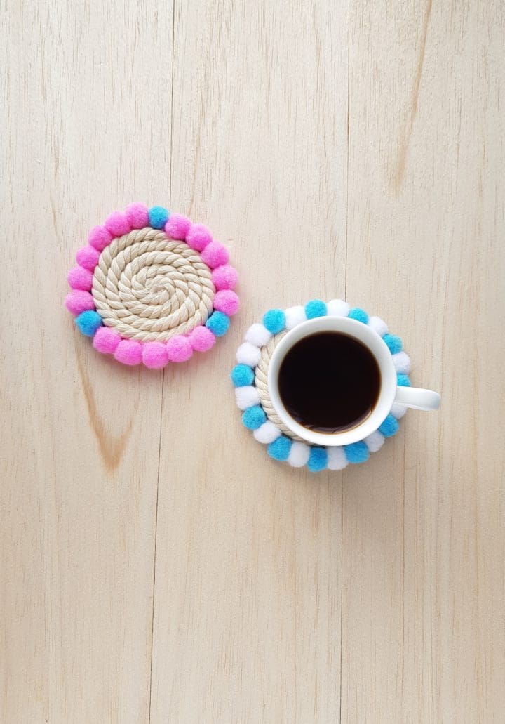 DIY Drink Coasters with Rope and Pompoms