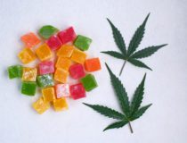 Layout of colorful marmalade and marijuana leaf on white textured background