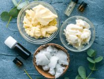 shea butter, cocoa butter and coconut oil to moisturize the skin