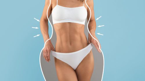 Torso of slim female with drawn outlines around it, collage