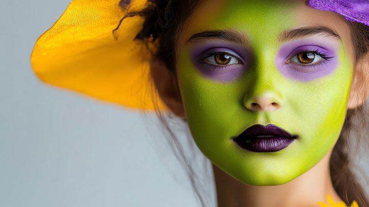 A creative portrait of a girl with vibrant green face paint and a stylish hat, perfect for Halloween or costume themes