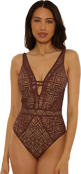 Poolside Style Becca Color Play One Piece Swimsuit Plunge Neck Crochet Bathing Suits for Women