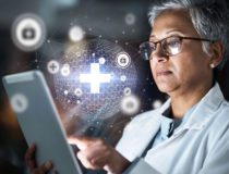 Doctor, tablet or futuristic global healthcare on cybersecurity, life insurance or data safety app on night hospital network Thinking, woman or medical technology hologram and overlay for research