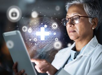 Doctor, tablet or futuristic global healthcare on cybersecurity, life insurance or data safety app on night hospital network Thinking, woman or medical technology hologram and overlay for research