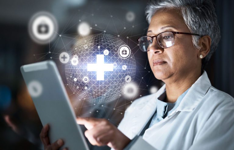 Doctor, tablet or futuristic global healthcare on cybersecurity, life insurance or data safety app on night hospital network Thinking, woman or medical technology hologram and overlay for research