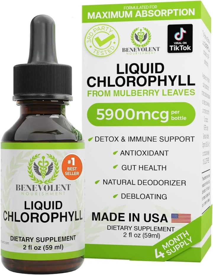 Benevolent Nourishment Chlorophyll Supplement Detox & Immune Support Internal Deodorizer Liquid Drops Natural Mint Flavor Month Supply ml