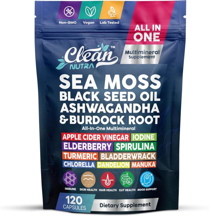 Clean Nutraceuticals Sea Moss Black Seed Oil Ashwagandha Turmeric Bladderwrack Burdock & Vitamin C Vitamin D with Elderberry Manuka Dandelion