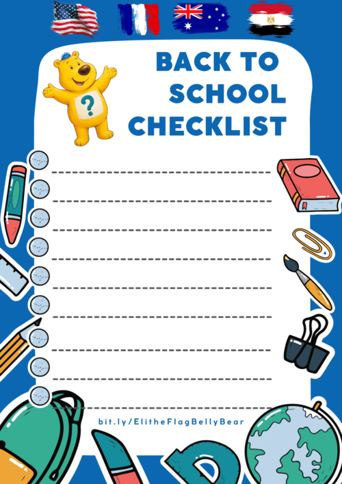 Eli the Flag Belly bear colorful playful back to school checklist